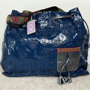 NWT SHARIF Navy Blue Large Tote w Embroidered Straps Colorful Straps Pocket